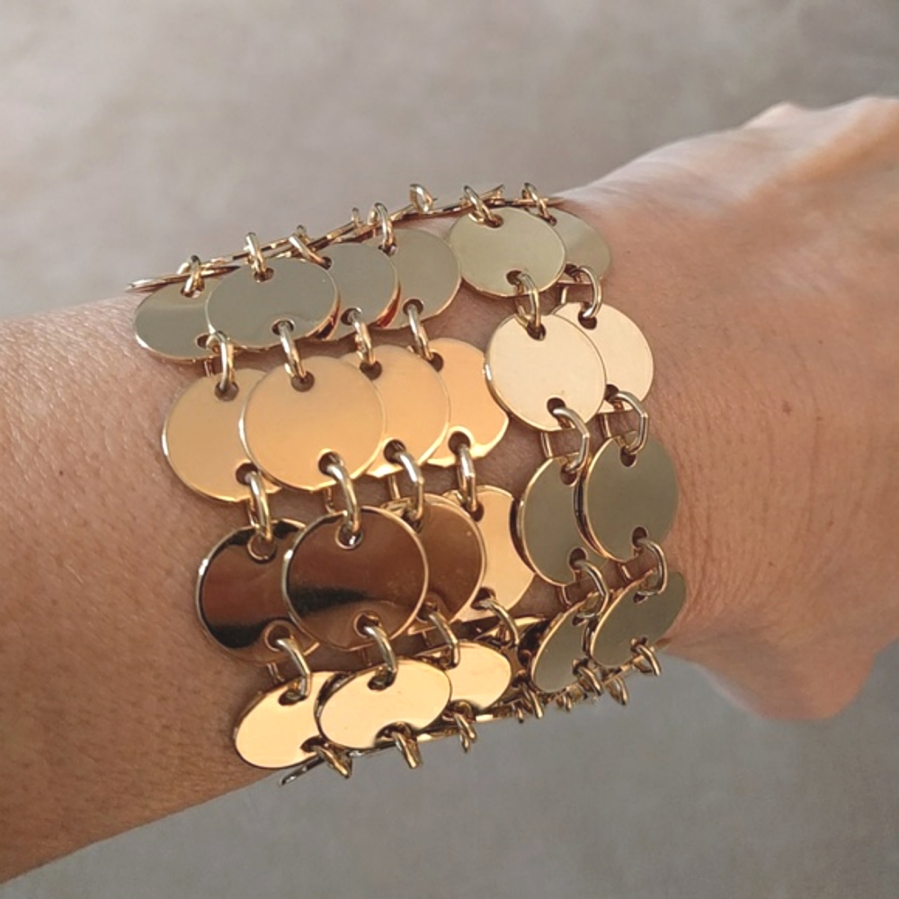 VTG Joan Rivers multi row gold tone disks bracelet